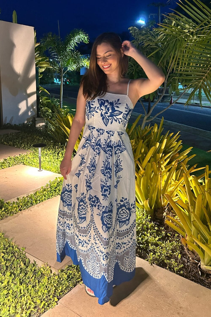 Women's Square Neckline Spaghetti Strap Maxi Dress with Blue Floral Print and Smocked Back