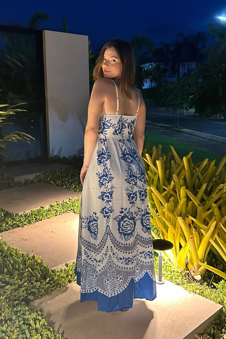 Women's Square Neckline Spaghetti Strap Maxi Dress with Blue Floral Print and Smocked Back