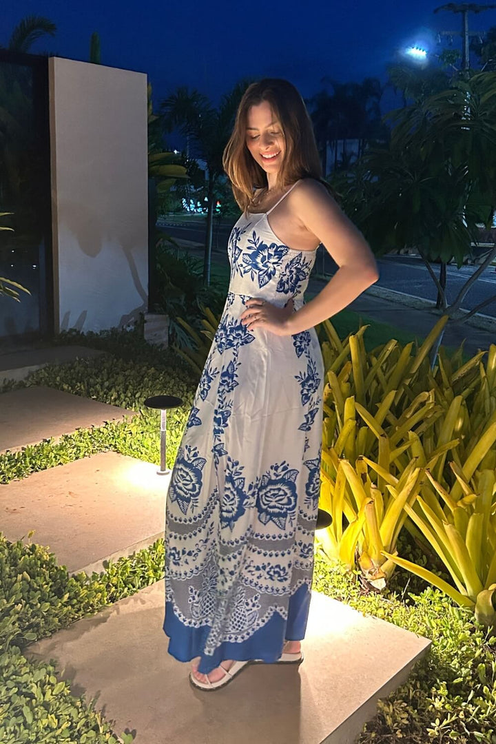 Women's Square Neckline Spaghetti Strap Maxi Dress with Blue Floral Print and Smocked Back