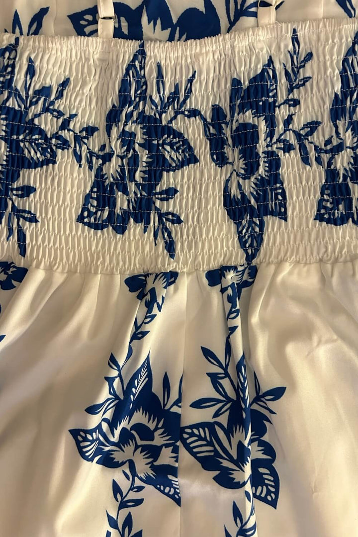 Women's Square Neckline Spaghetti Strap Maxi Dress with Blue Floral Print and Smocked Back