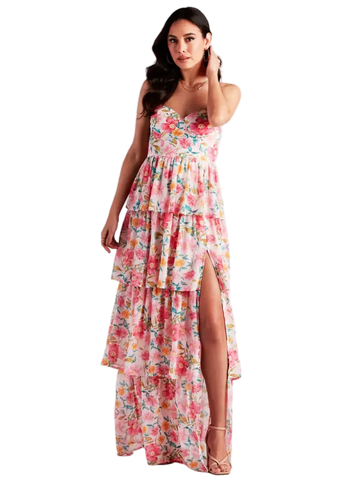 Women's Strapless Floral Printed Tiered Maxi Dress with Front Slit