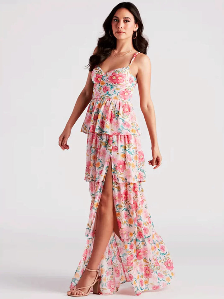 Women's Strapless Floral Printed Tiered Maxi Dress with Front Slit