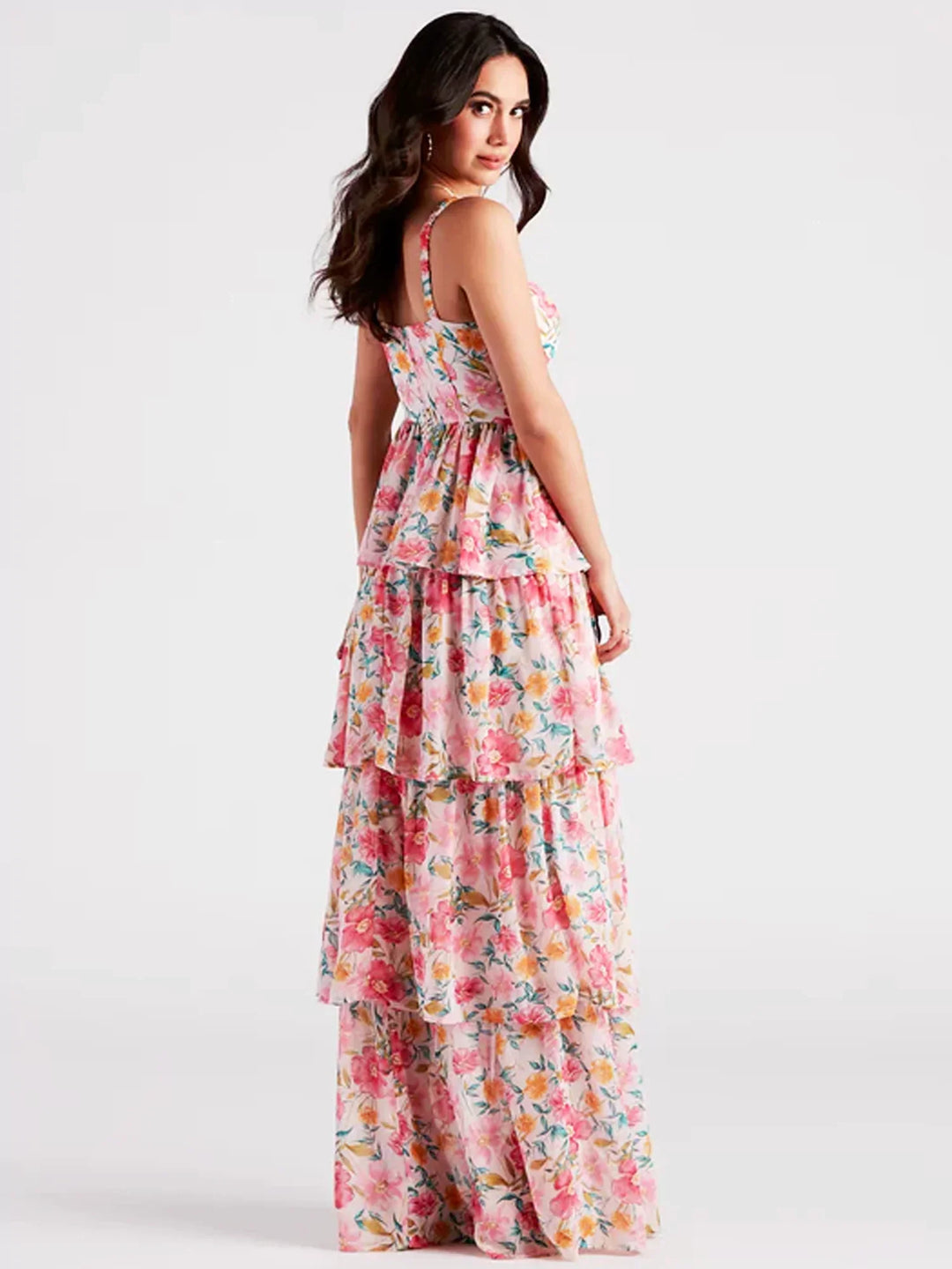 Women's Strapless Floral Printed Tiered Maxi Dress with Front Slit