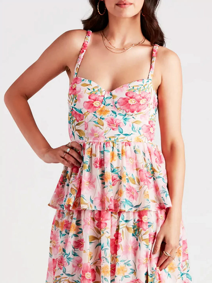 Women's Strapless Floral Printed Tiered Maxi Dress with Front Slit