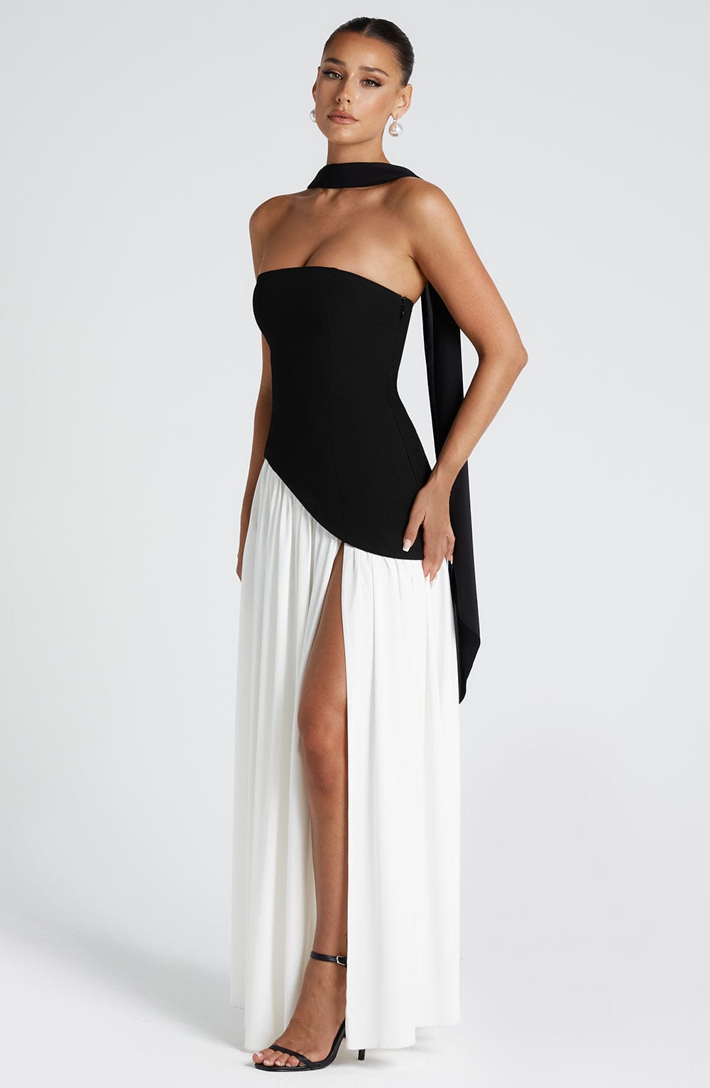 Women's Strapless Maxi Dress with Asymmetric Bodice and Front Slit