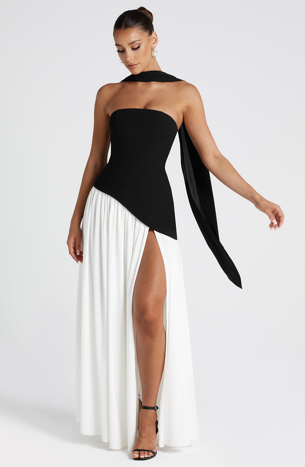 Women's Strapless Maxi Dress with Asymmetric Bodice and Front Slit