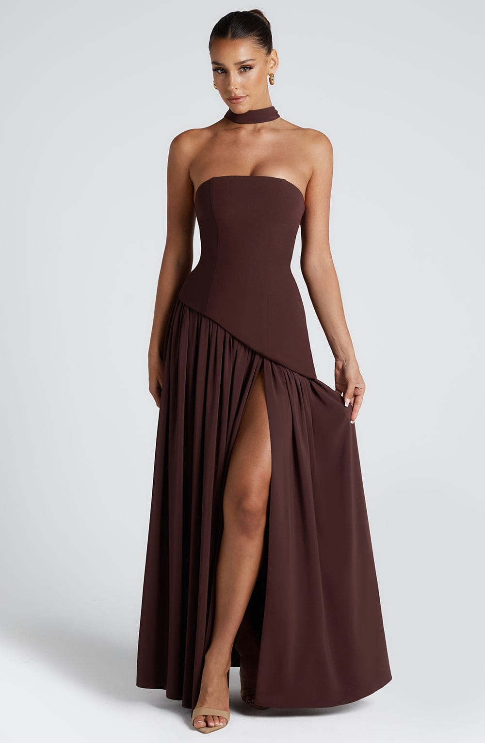Women's Strapless Maxi Dress with Asymmetric Bodice and Front Slit