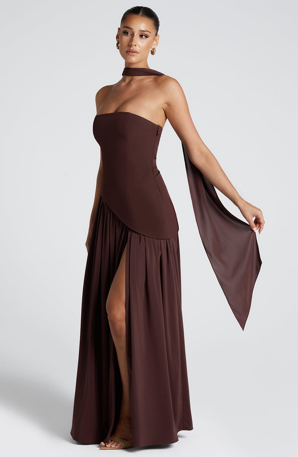 Women's Strapless Maxi Dress with Asymmetric Bodice and Front Slit