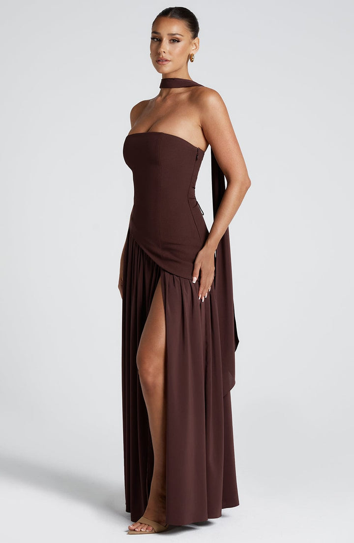 Women's Strapless Maxi Dress with Asymmetric Bodice and Front Slit