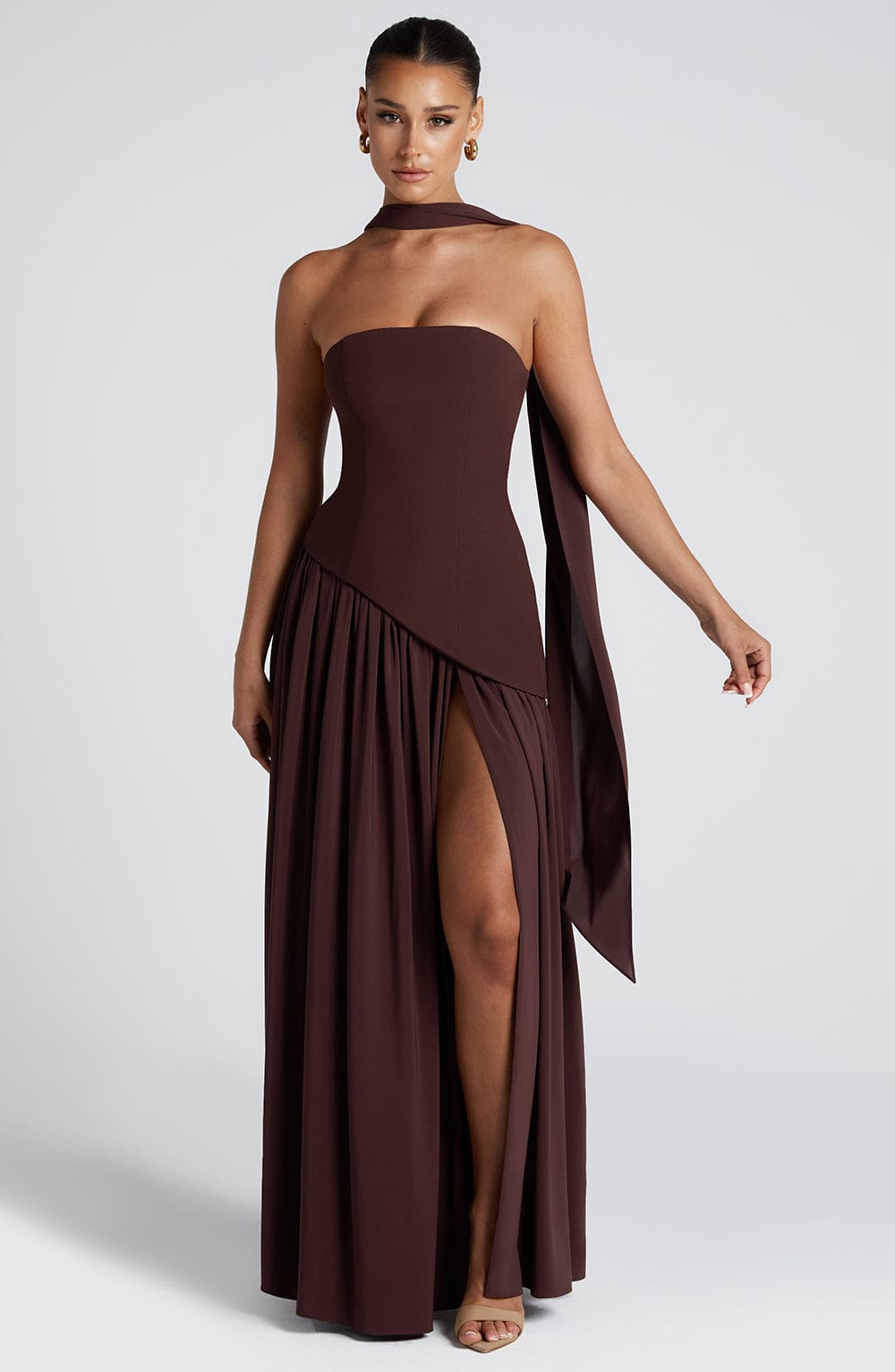 Women's Strapless Maxi Dress with Asymmetric Bodice and Front Slit