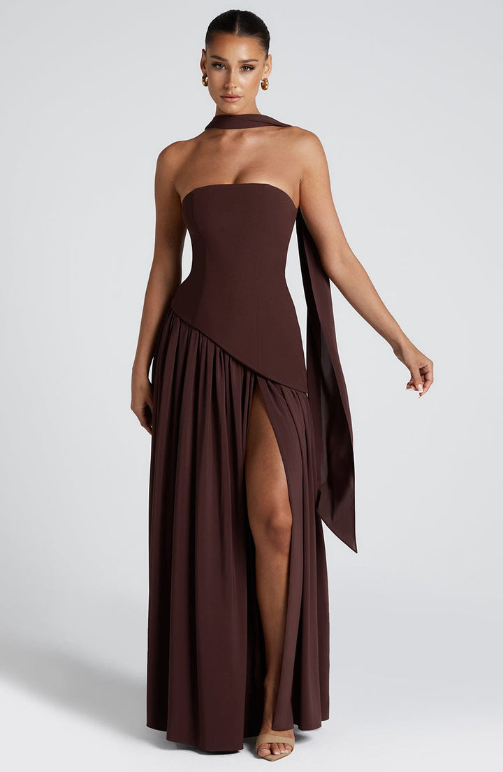 Women's Strapless Maxi Dress with Asymmetric Bodice and Front Slit