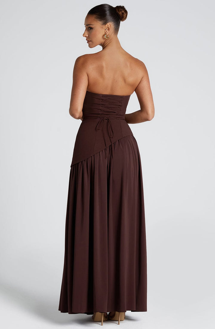 Women's Strapless Maxi Dress with Asymmetric Bodice and Front Slit