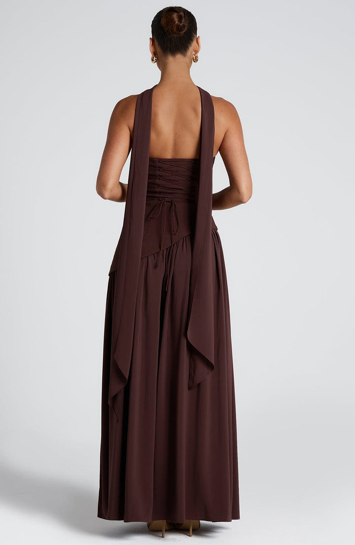 Women's Strapless Maxi Dress with Asymmetric Bodice and Front Slit