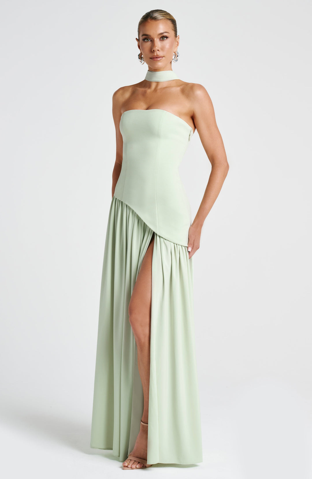 Women's Strapless Maxi Dress with Asymmetric Bodice and Front Slit