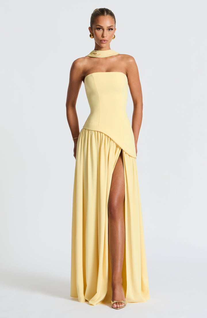 Women's Strapless Maxi Dress with Asymmetric Bodice and Front Slit