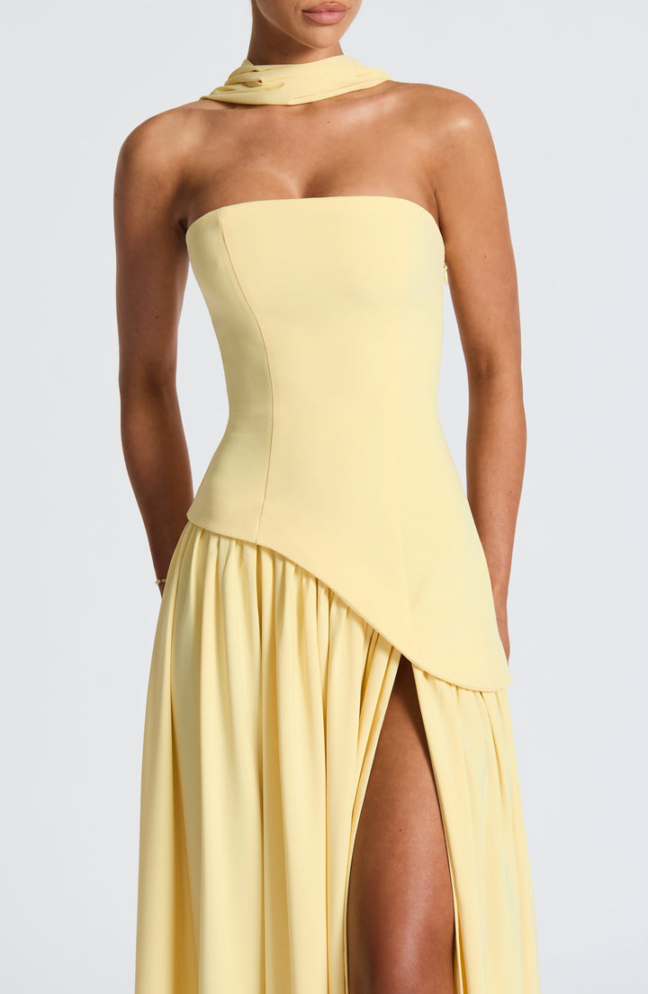 Women's Strapless Maxi Dress with Asymmetric Bodice and Front Slit