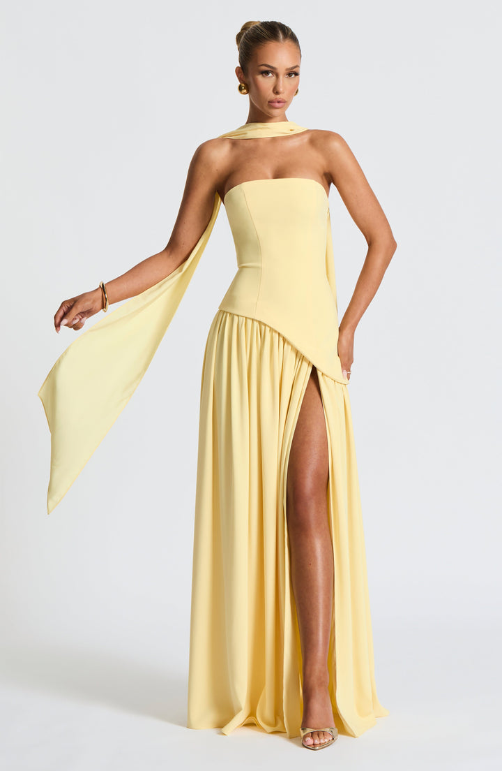Women's Strapless Maxi Dress with Asymmetric Bodice and Front Slit