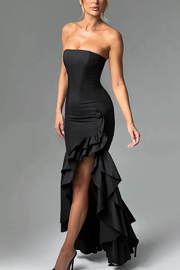 Women's Strapless Panelled Maxi Dress with Side Ruffle and Asymmetrical Hem