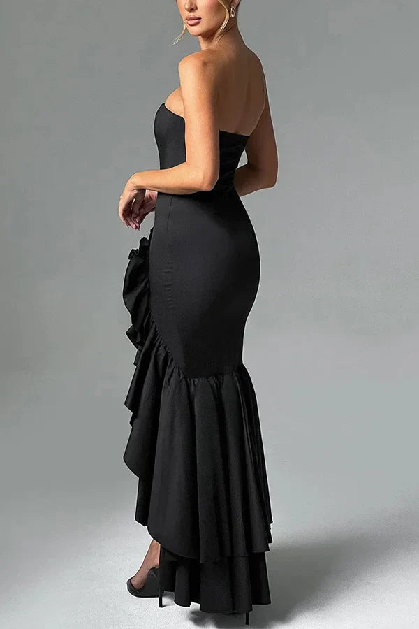 Women's Strapless Panelled Maxi Dress with Side Ruffle and Asymmetrical Hem