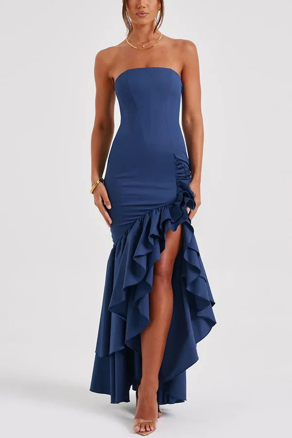 Women's Strapless Panelled Maxi Dress with Side Ruffle and Asymmetrical Hem