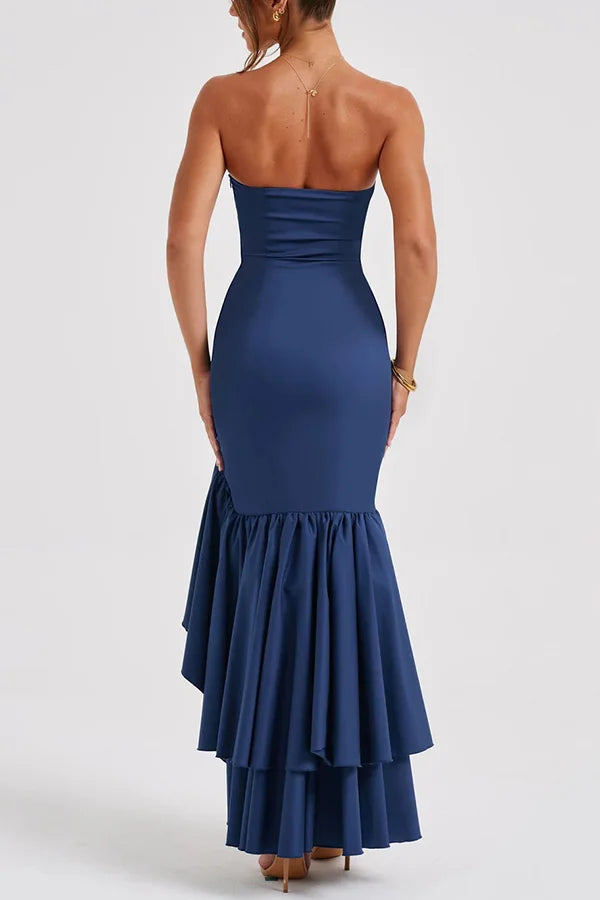 Women's Strapless Panelled Maxi Dress with Side Ruffle and Asymmetrical Hem