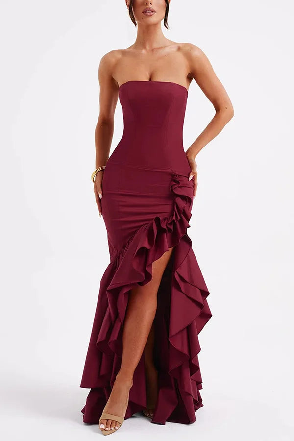 Women's Strapless Panelled Maxi Dress with Side Ruffle and Asymmetrical Hem
