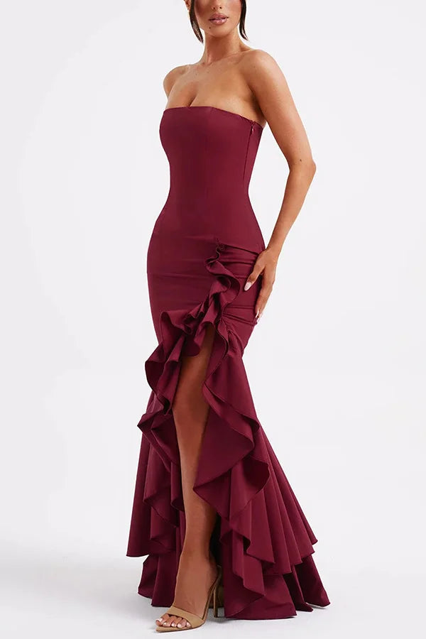 Women's Strapless Panelled Maxi Dress with Side Ruffle and Asymmetrical Hem