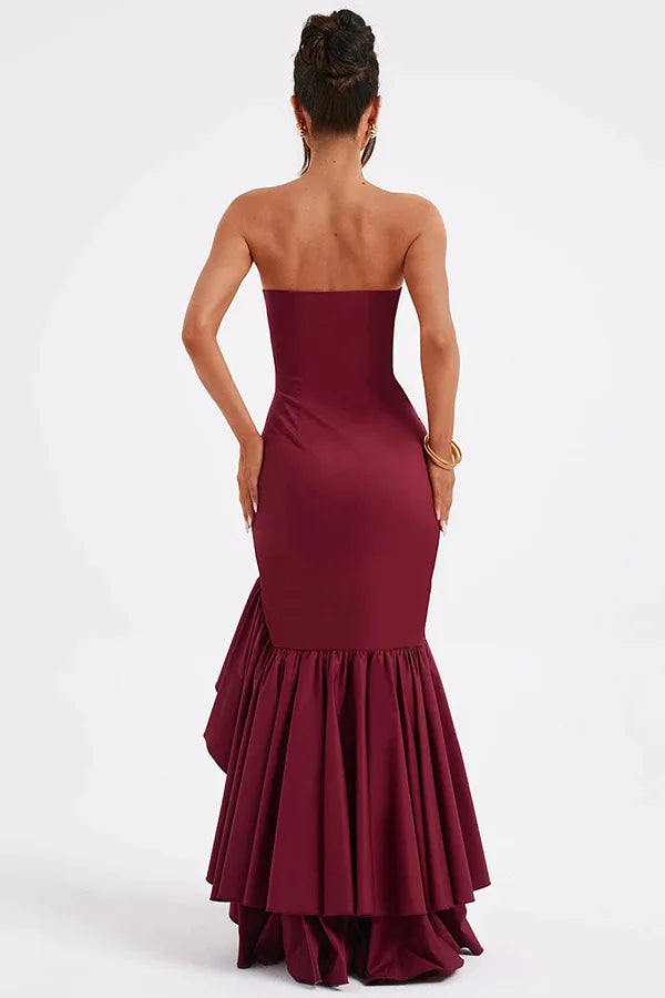Women's Strapless Panelled Maxi Dress with Side Ruffle and Asymmetrical Hem
