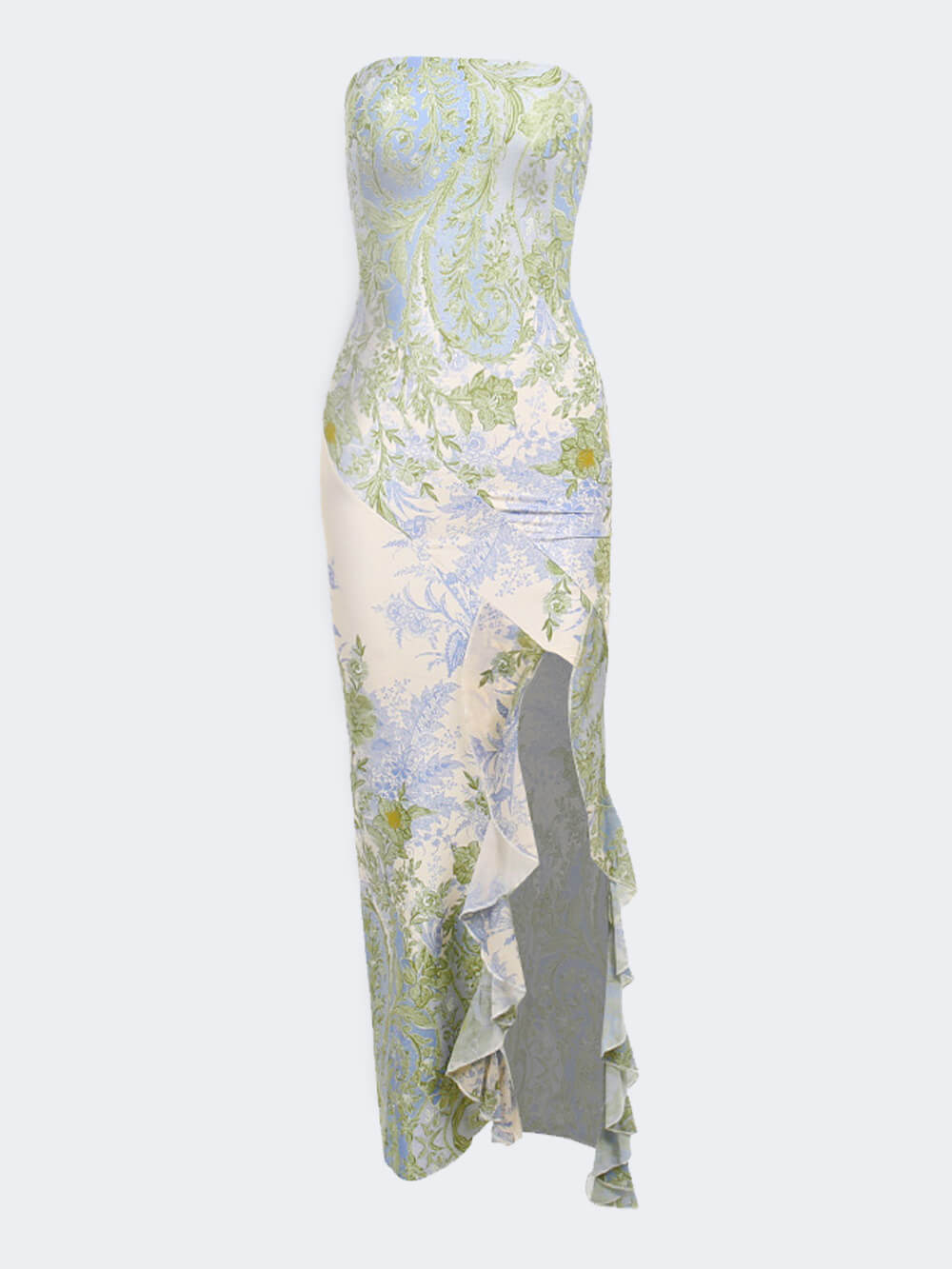 Women's Strapless Printed Maxi Dress with Front Slit and Ruffle Trim