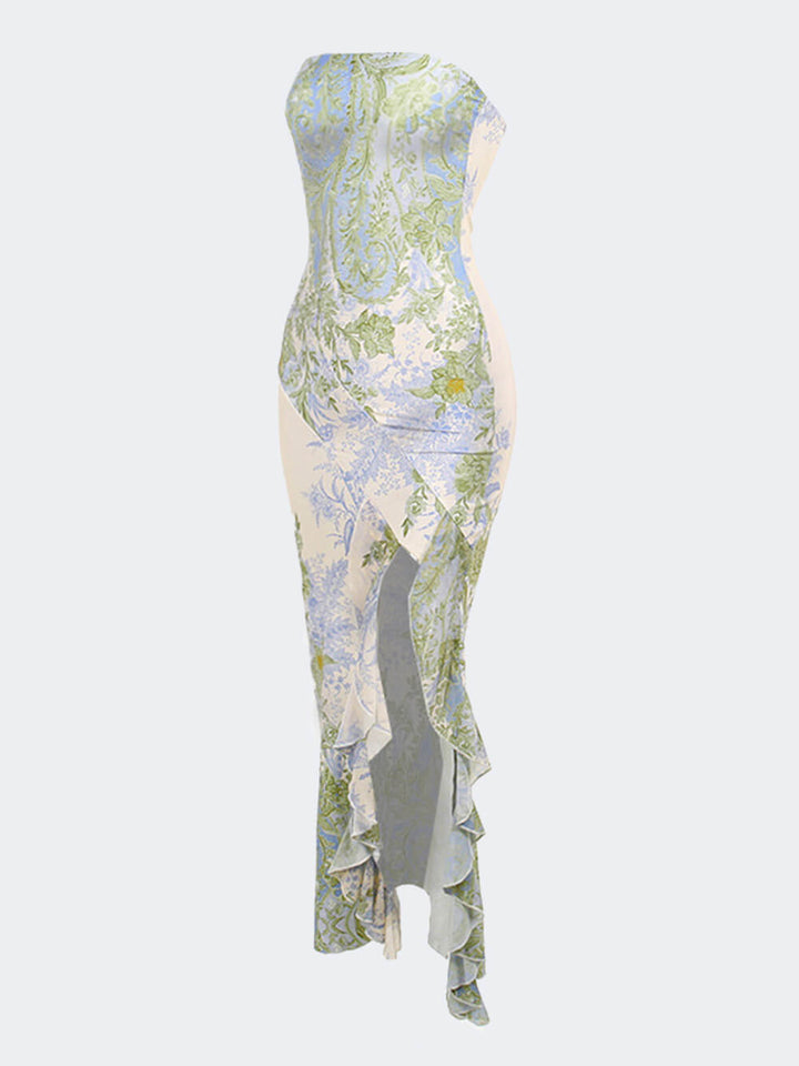 Women's Strapless Printed Maxi Dress with Front Slit and Ruffle Trim