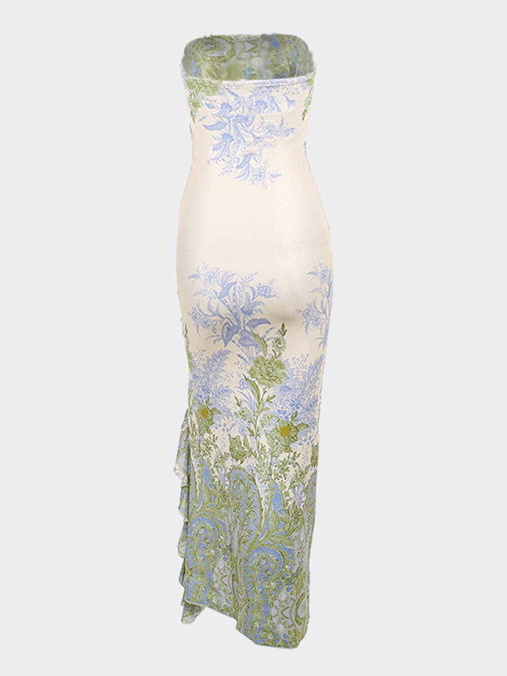Women's Strapless Printed Maxi Dress with Front Slit and Ruffle Trim