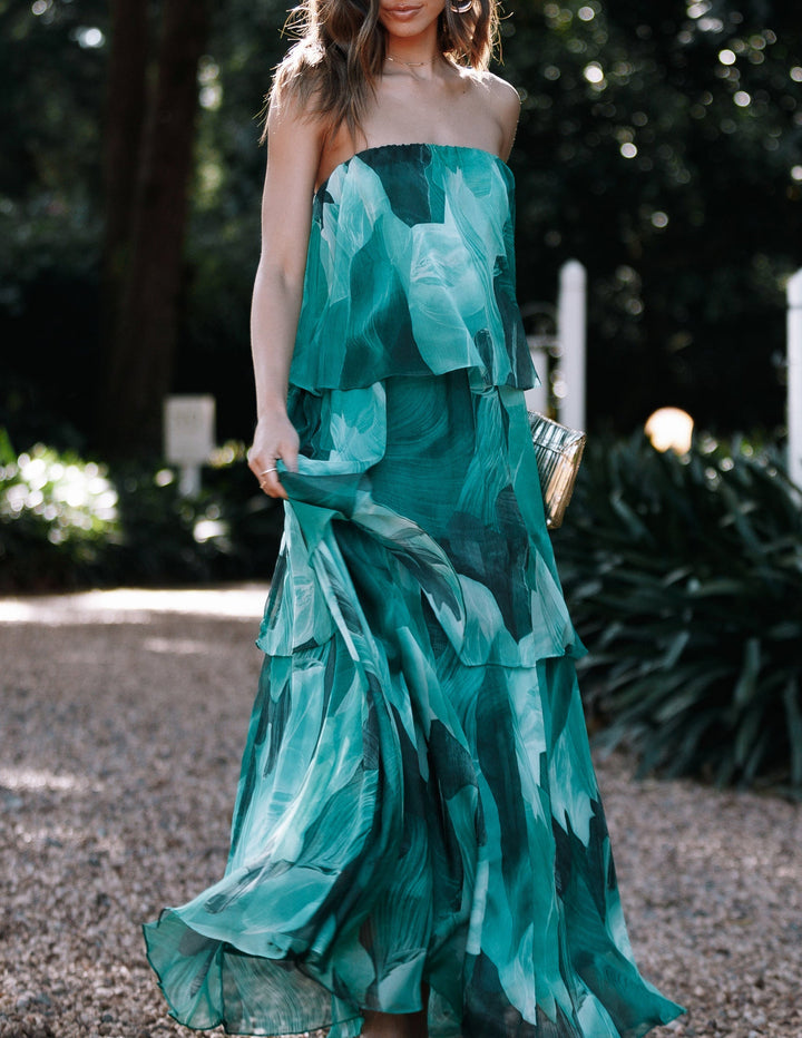 Women's Strapless Printed Maxi Dress with Tiered Layered Skirt