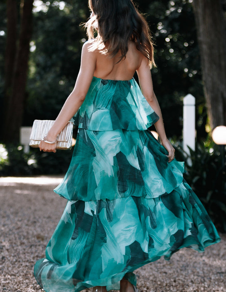 Women's Strapless Printed Maxi Dress with Tiered Layered Skirt