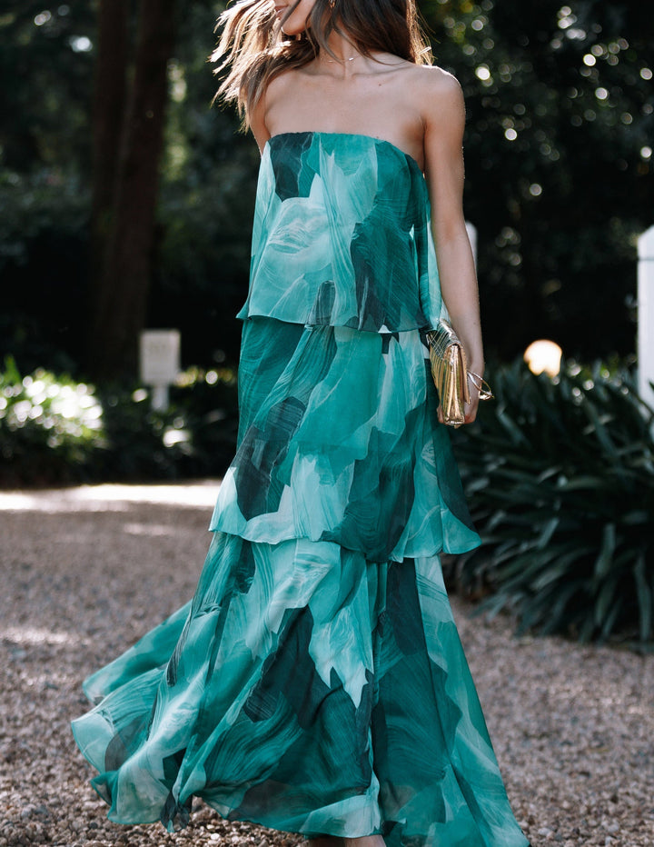 Women's Strapless Printed Maxi Dress with Tiered Layered Skirt