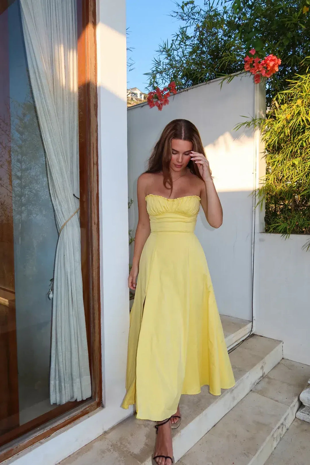 Women's Strapless Ruched Bodice Midi Dress with Ruffle Neckline and Front Slit
