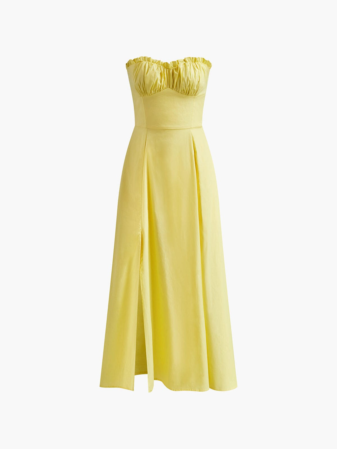 Women's Strapless Ruched Bodice Midi Dress with Ruffle Neckline and Front Slit