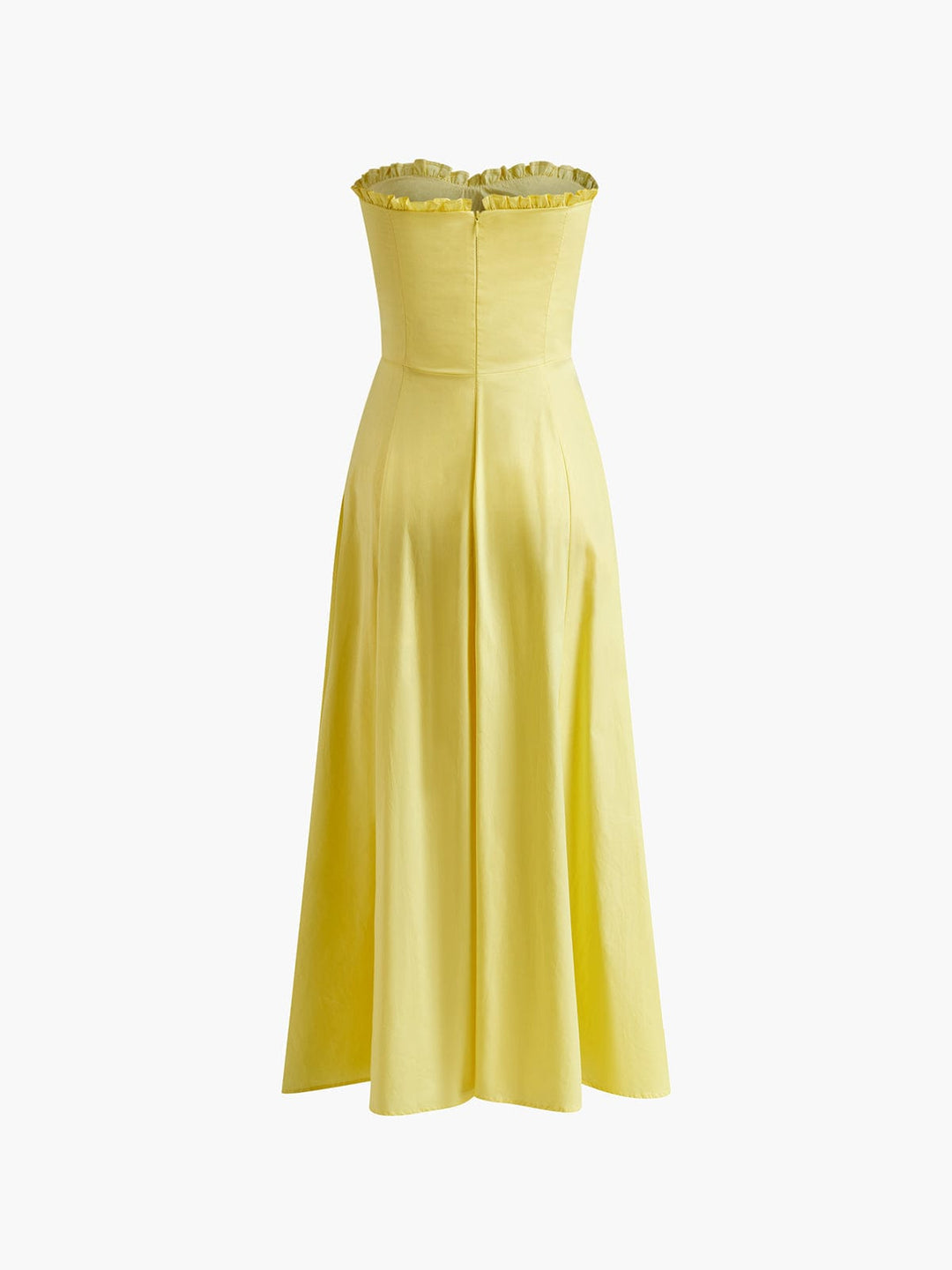 Women's Strapless Ruched Bodice Midi Dress with Ruffle Neckline and Front Slit