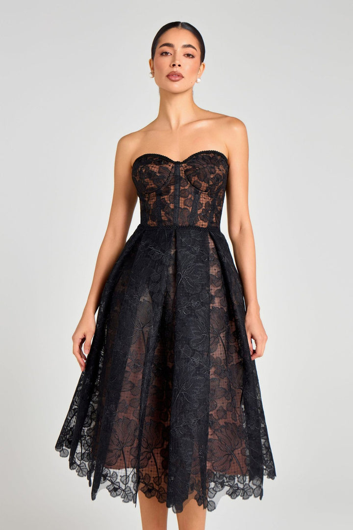 Women's Strapless Sweetheart Lace Midi Dress with Scalloped Hem and Panelled Bodice