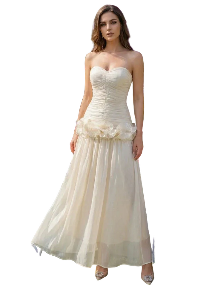 Women's Strapless Sweetheart Neckline Ruched Bodice Maxi Dress with Ruffle Peplum