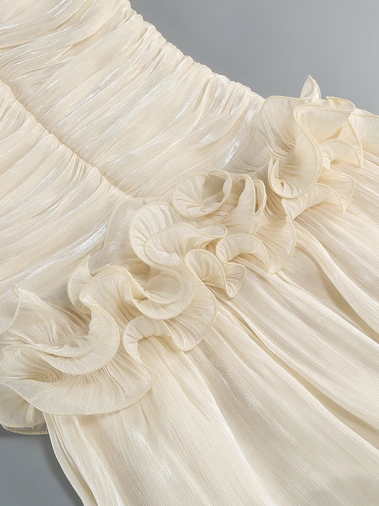 Women's Strapless Sweetheart Neckline Ruched Bodice Maxi Dress with Ruffle Peplum
