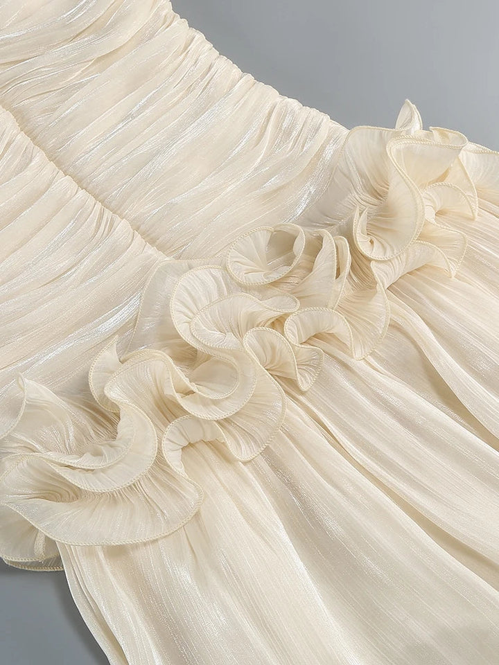 Women's Strapless Sweetheart Neckline Ruched Bodice Maxi Dress with Ruffle Peplum