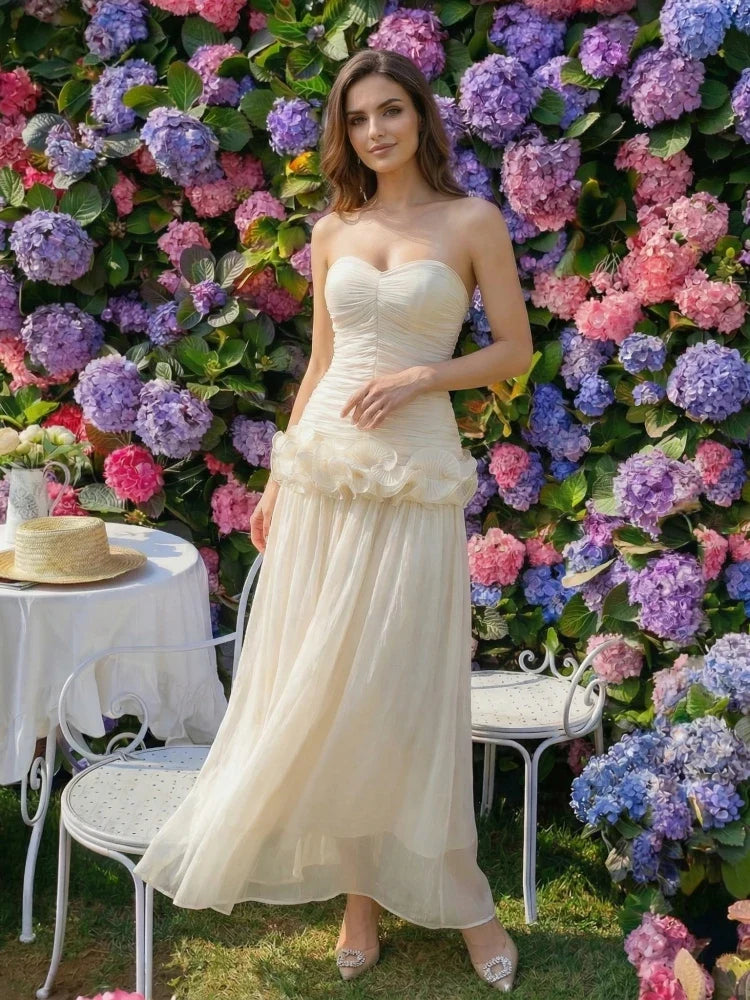 Women's Strapless Sweetheart Neckline Ruched Bodice Maxi Dress with Ruffle Peplum