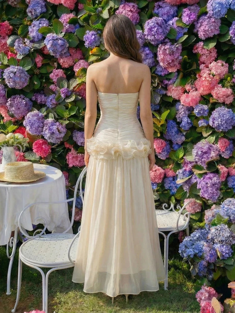 Women's Strapless Sweetheart Neckline Ruched Bodice Maxi Dress with Ruffle Peplum
