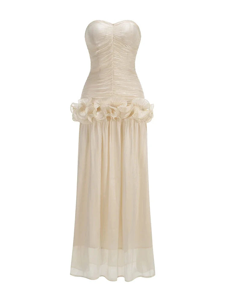 Women's Strapless Sweetheart Neckline Ruched Bodice Maxi Dress with Ruffle Peplum