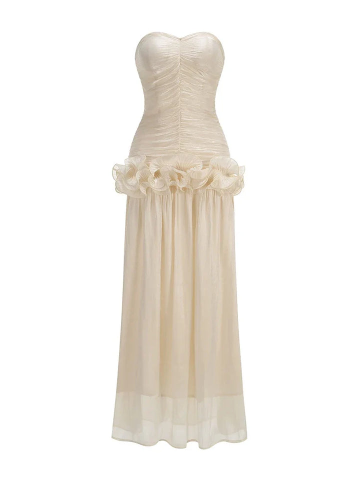 Women's Strapless Sweetheart Neckline Ruched Bodice Maxi Dress with Ruffle Peplum