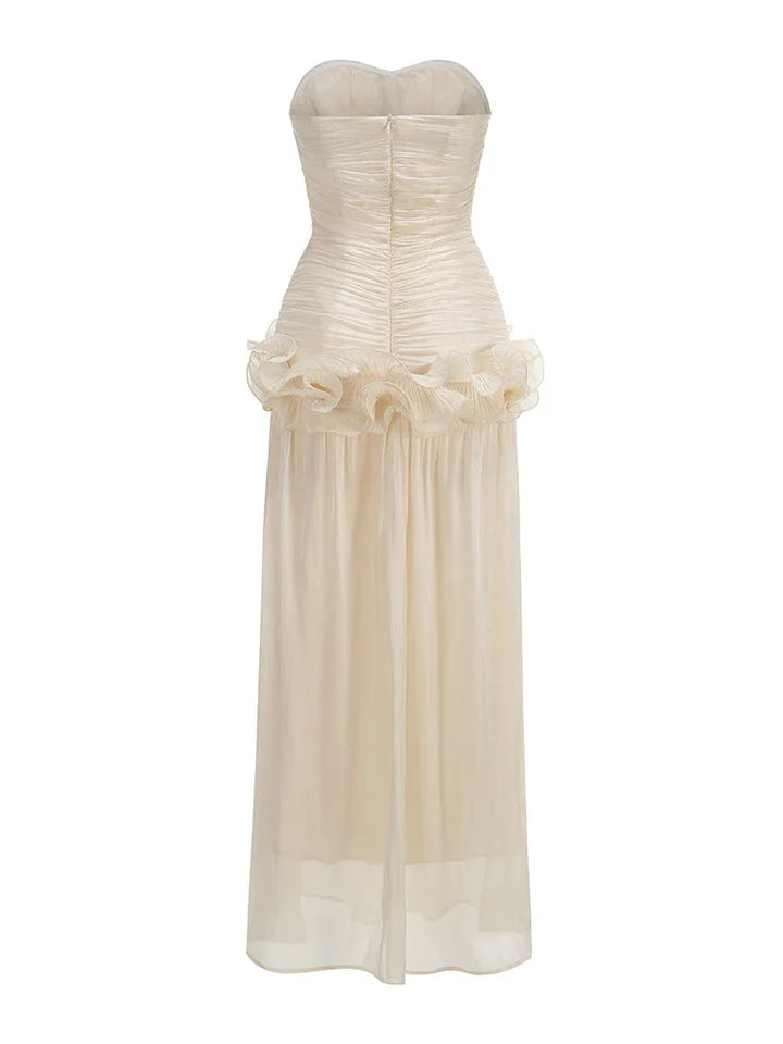 Women's Strapless Sweetheart Neckline Ruched Bodice Maxi Dress with Ruffle Peplum