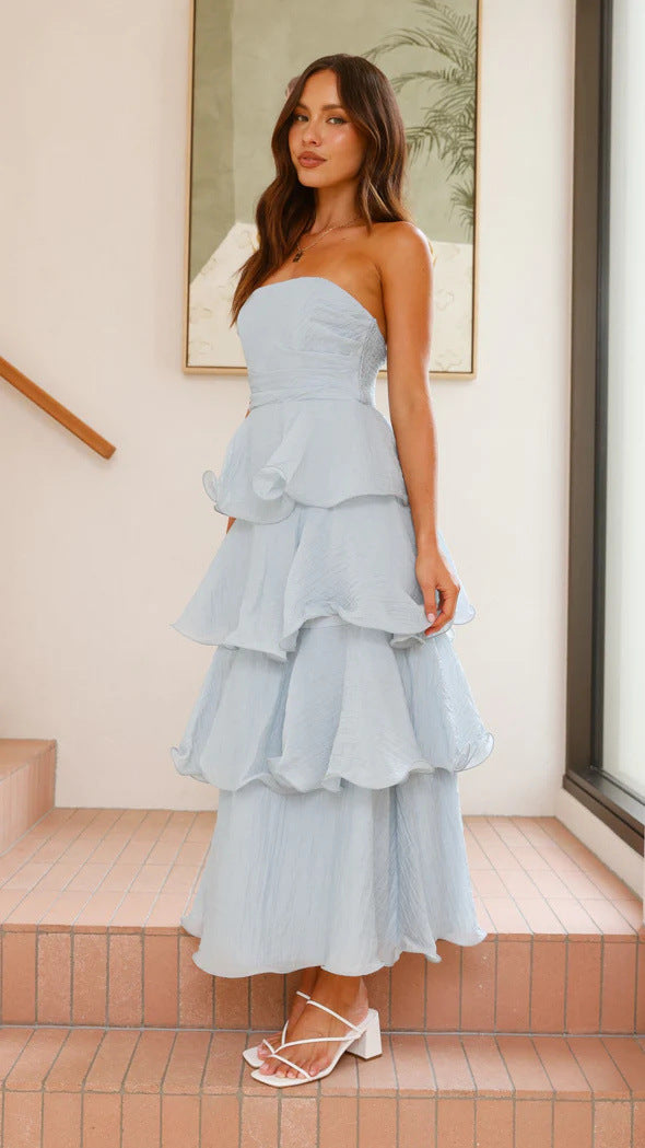 Women's Strapless Tiered Ruffle Midi Dress with Gathered Bodice and Crinkled Finish