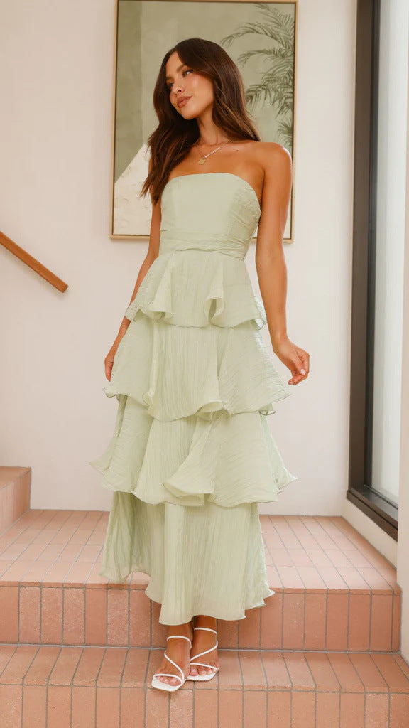 Women's Strapless Tiered Ruffle Midi Dress with Gathered Bodice and Crinkled Finish