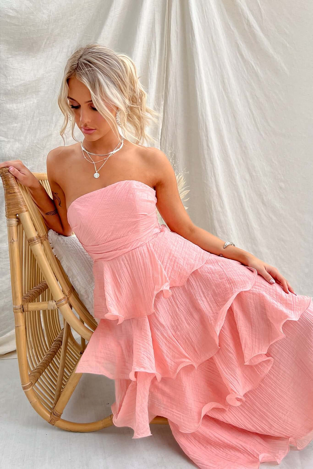 Women's Strapless Tiered Ruffle Midi Dress with Gathered Bodice and Crinkled Finish