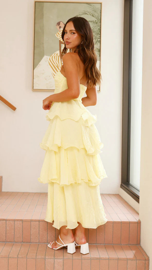 Women's Strapless Tiered Ruffle Midi Dress with Gathered Bodice and Crinkled Finish